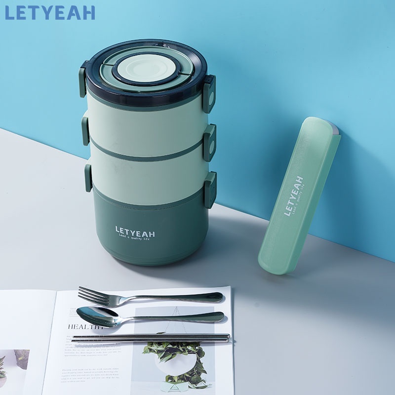 letyeah lunch box set anti tumpah 2200 ml/cutlery set stainless 3 in 1/kotak makan 3 susun kapasitas tinggi