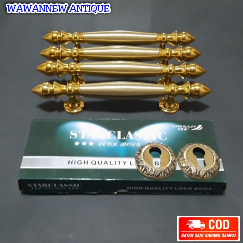 Handle Pintu / Gagang Pintu Rumah Kuningan + 1 Set Body Kunci Motif Sawo 30cm