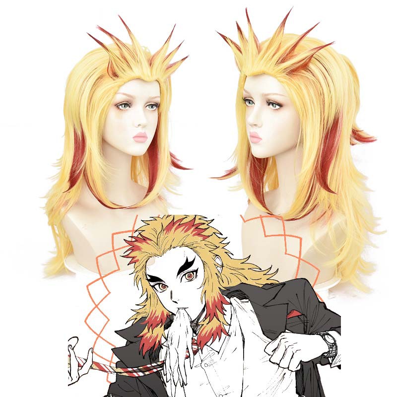 LOL-60 wig rengoku kyojuro kimetsu no yaiba rambut palsu cosplay demon slayer