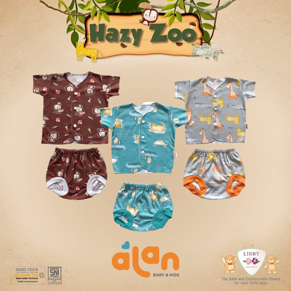 Libby Stelan Baju Pendek Kancing Depan &amp; Celana Pop Hazy Zoo Series - Stelan Baju Bayi isi 3