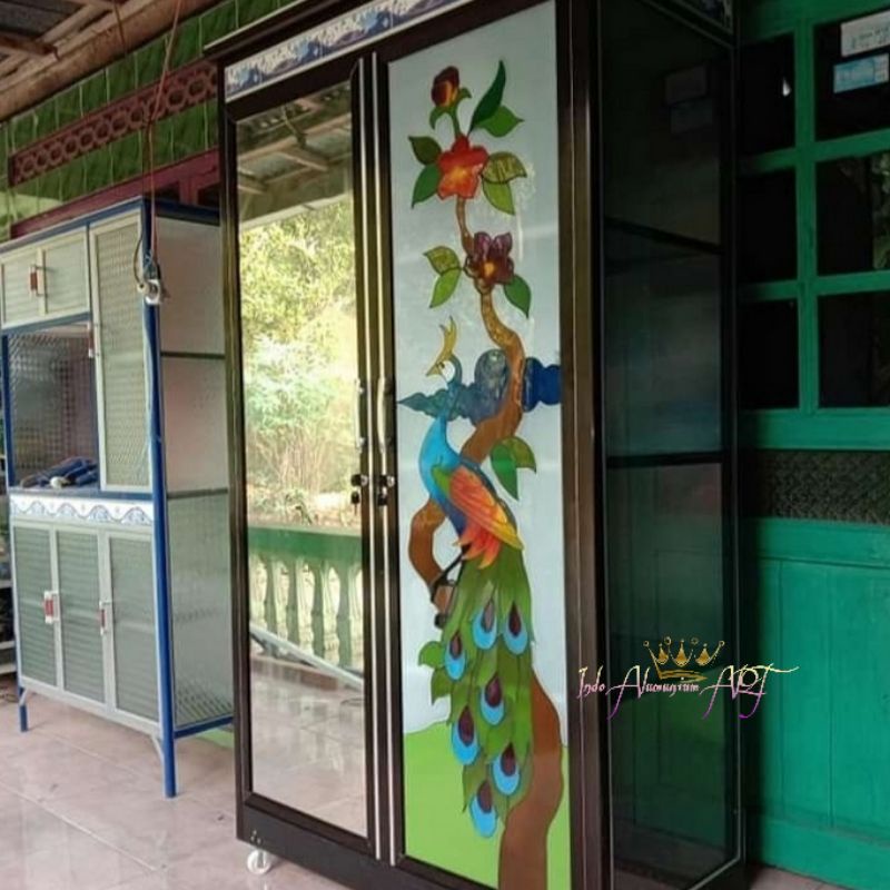 Lemari Pakaian / Baju Kaca Pintu 2 Bahan Alumunium Kaca