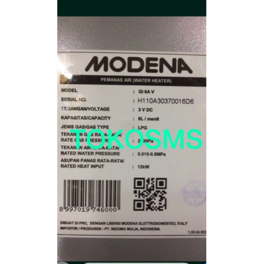 water heater gas modena GI 6A V modena GI6AV pemanas GI 6AV