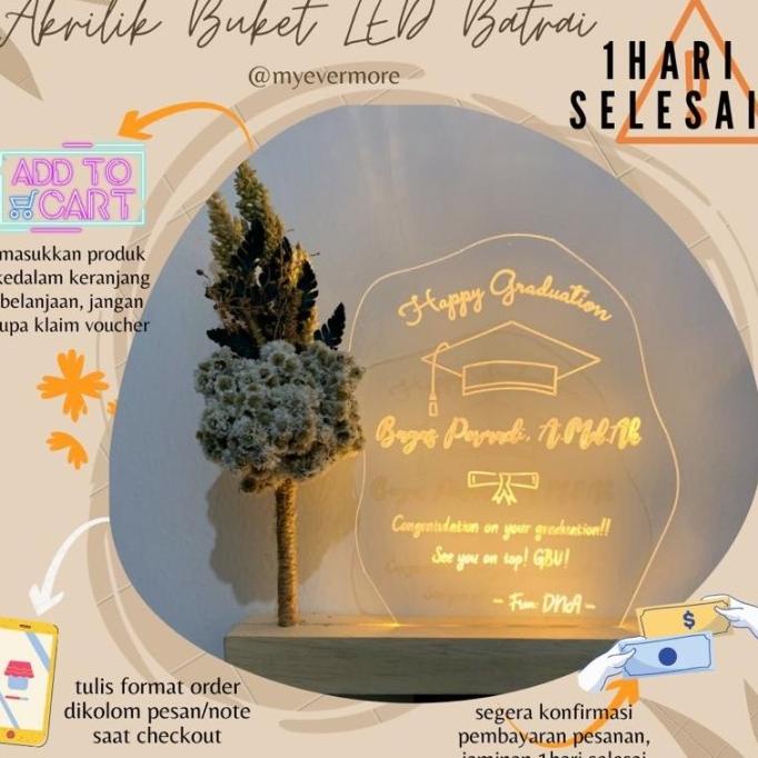 Buket Akrilik LED Batrai Custom Akrilik LED Kado Wisuda Ulang Tahun