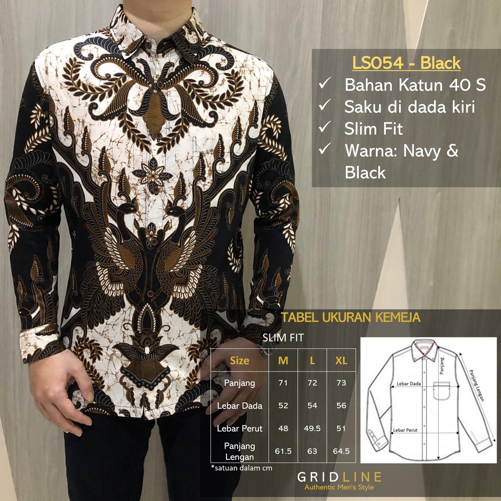 [GRIDLINE - LS075 Elegant Brown &amp; LS054 Navy] Kemeja Batik Slimfit Pria Katun Lengan Panjang Modern