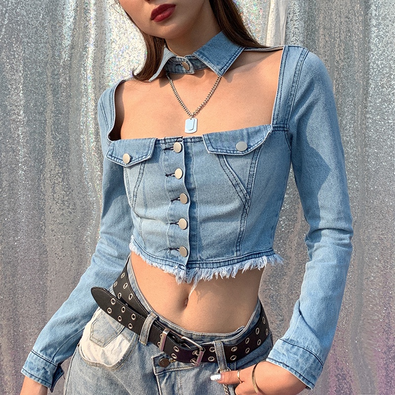 #Sisjuly#Produk baru Lisa Harajuku gaya scheming atasan wanita denim lengan panjang berongga