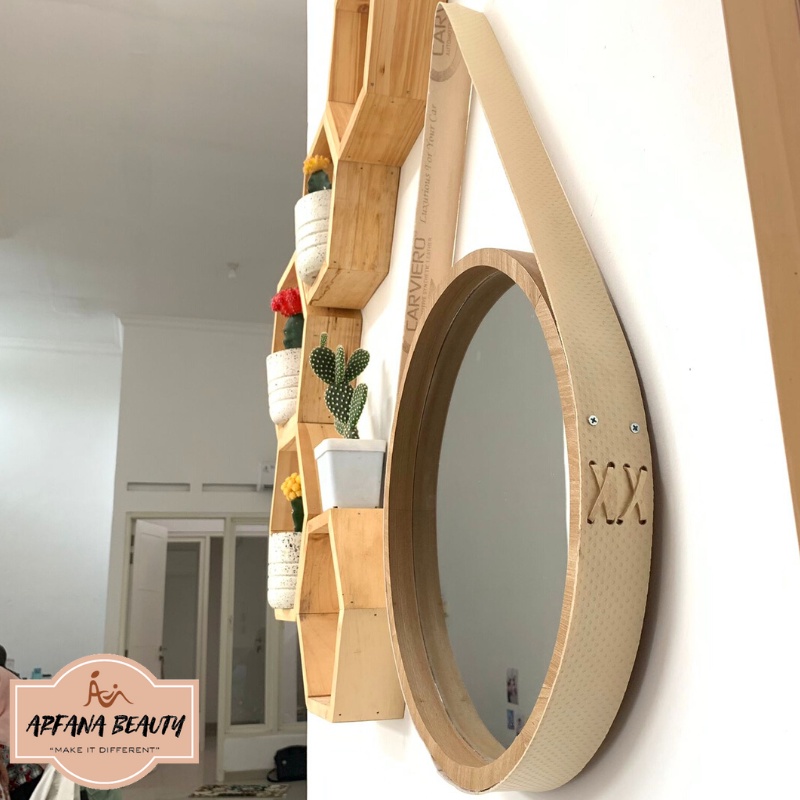 Cermin Dinding Gantung Aesthetic Bulat Bulet Bundar Frame Tebal Kayu Vintage Kaca Rias Dandan Make Up Dekorasi Penghias Tempel Dinding Kamar Tidur Rumah Ruang Tamu Estetik Premium Aestetik Murah Lengkap Dengan Strap Tali Gantungan Round Wood Mirror