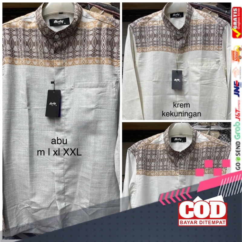 Kemko Harley 3 Warna abu muda / putih / krem muda tangan panjang Kemeja Koko pria lengan panjang KEM