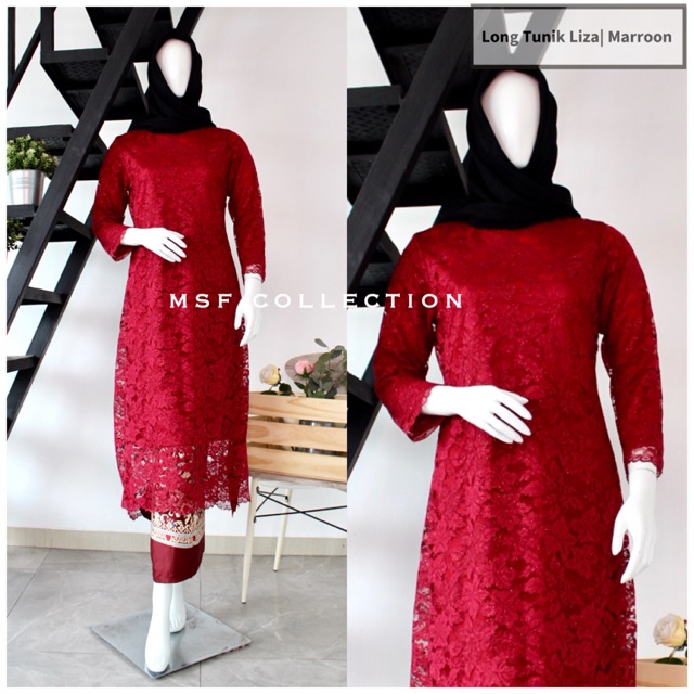 Long Tunik Liza Maroon/brukat/baju kurung
