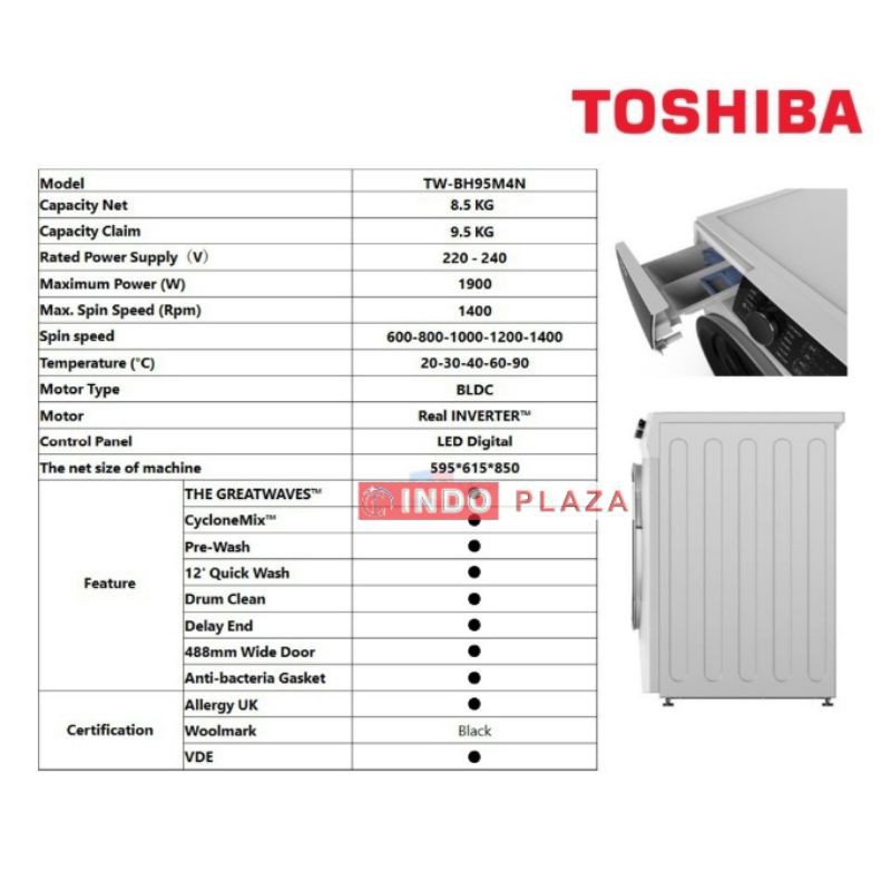 MESIN CUCI FRONT LOADING 8.5 Kg - 9.5 Kg / 9 kg INVERTER TOSHIBA TW-BH95M4N