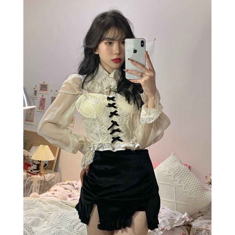 atasan renda import [three-piece set] retro bow kamisol + kemeja renda + setelan rok pinggang tinggi