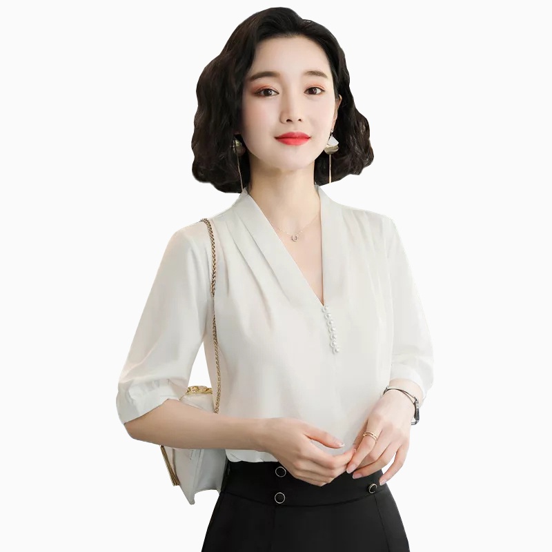 Blus lengan pendek Gaya Korea variasi mutiara di leher - XSHOP Natya