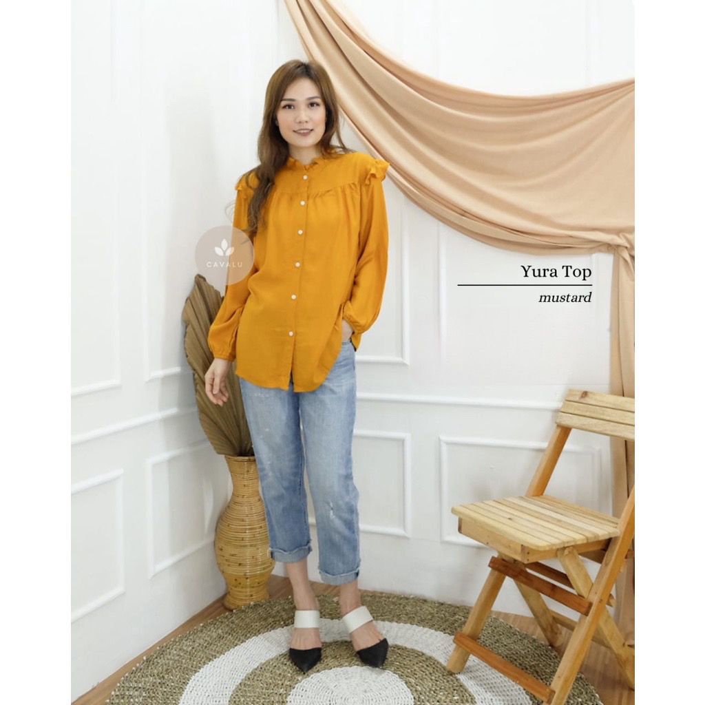 Atasan Blouse Wanita Ruffle Tangan Panjang CAVALU  YURA TOP - KMJ 005