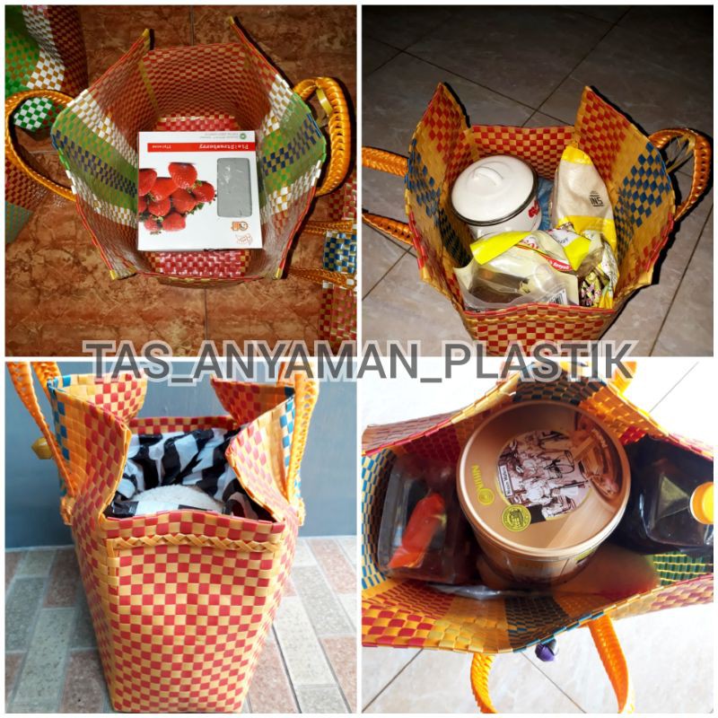 Tas Souvenir Anyaman Plastik Pakai Penutup dan Kancing Warna Kombinasi Ukuran M