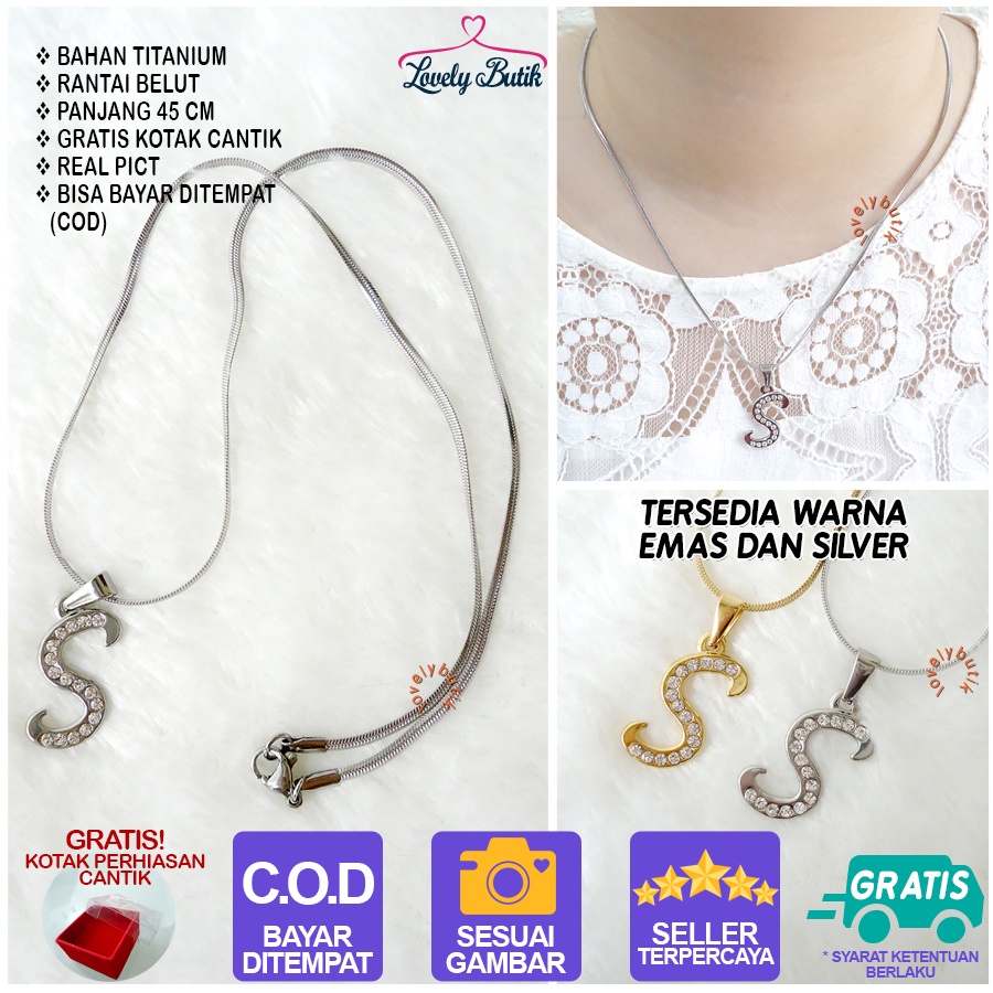 Lovelybutik Honey Kalung Huruf Titanium Anti Karat Inisial S Uk 45 cm BONUS KOTAK PERHIASAN