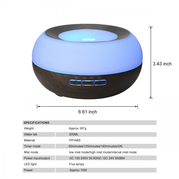 H01 - Essential Oil Aromatherapy Diffuser Ultrasonic Cool Mist Aroma Humidifier 7 Colors - 300 ml