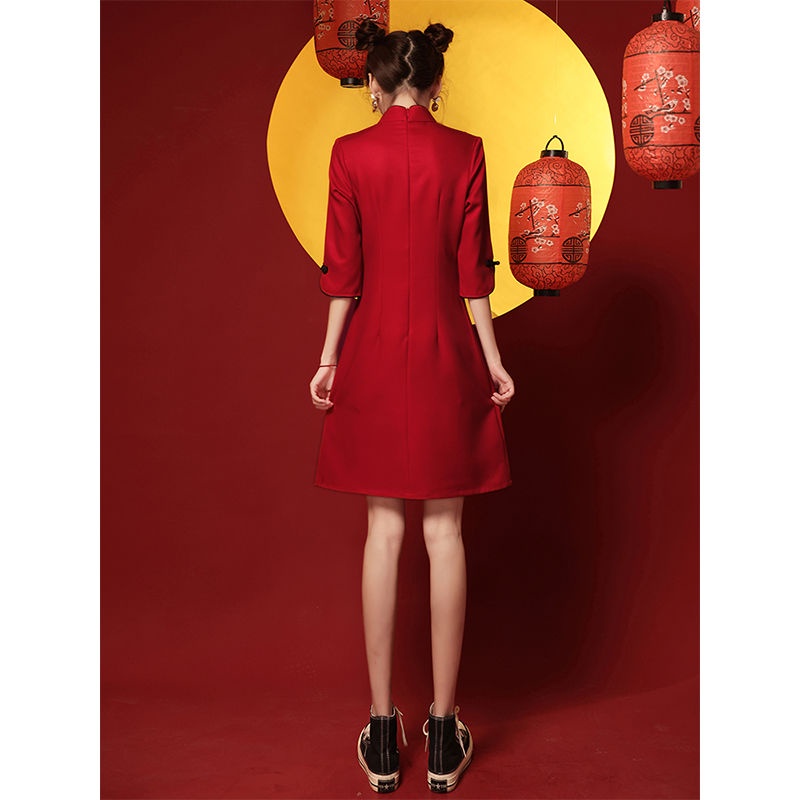 Guochao cheongsam 2022 new summer red young student improved small short dress women