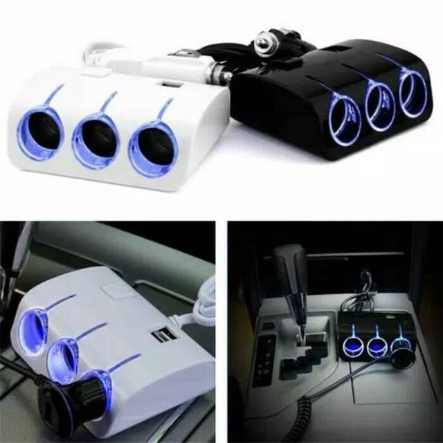 CHARGER MOBIL 3 SOCKET + 2 USB + Blue LED