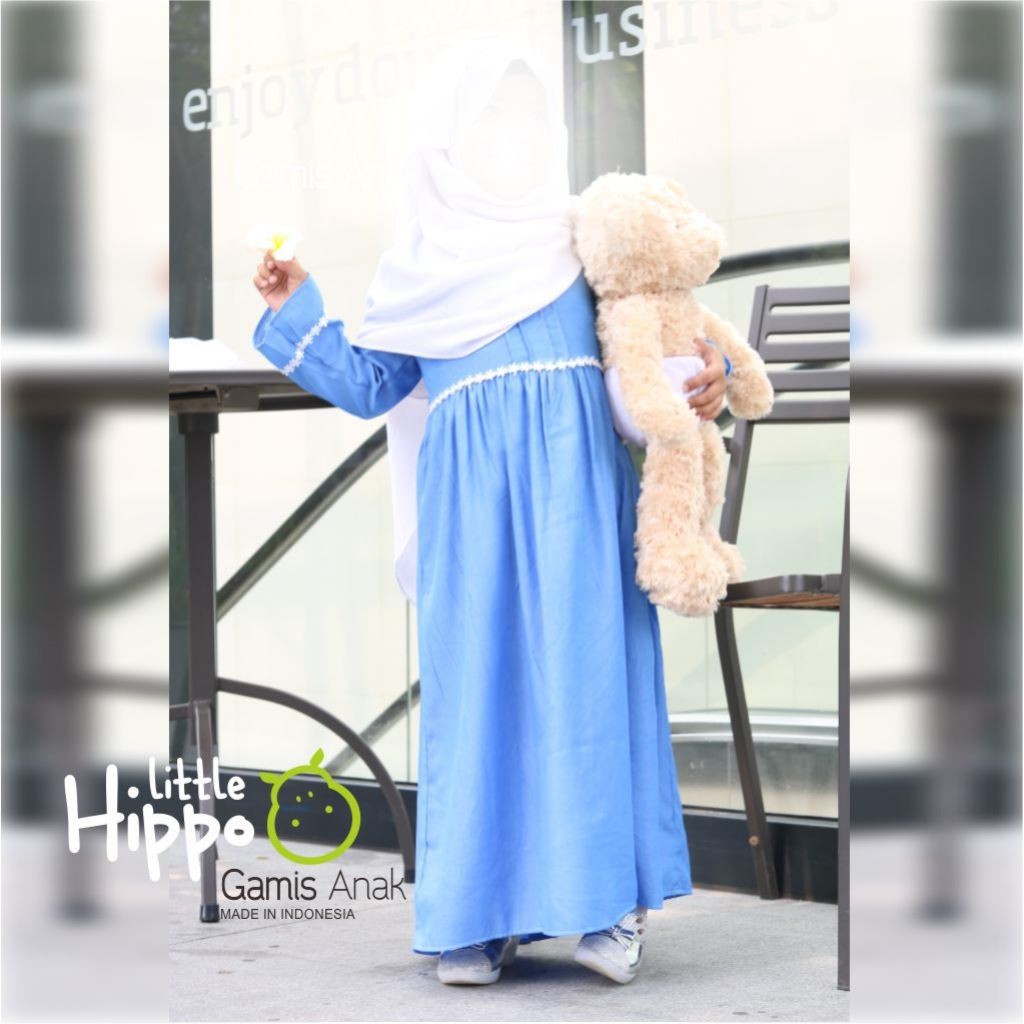 Gamis Baju Anak Perempuan Little Hippo Light Denim  Bunga Putih