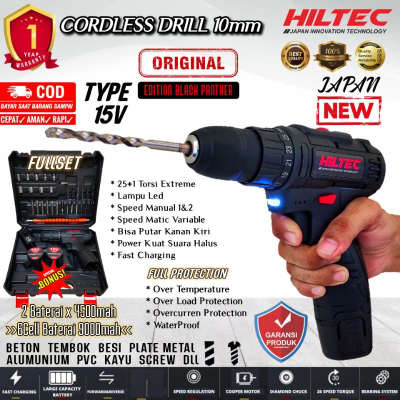 Mesin Bor Baterai HILTEC 15V BLACK/RED EDITION Fullset PROMO drill kayu beton besi alumunium