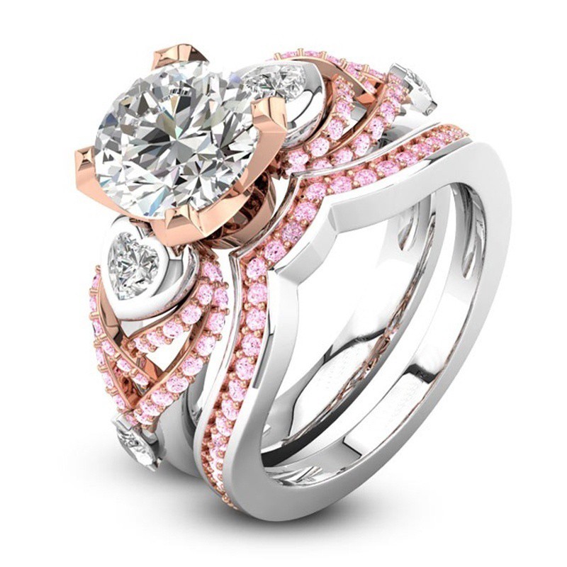 SEUSUK  Fashion Silver Rose Gold Padded Pink and White Sapphire Heart-shaped Bridal COD Ring