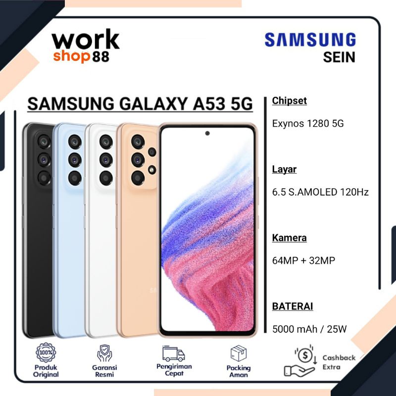 HP Terbaru Samsung Galaxy A53 5G 8/256 Ram 8GB Rom internal 256GB - New Original Garansi Resmi SEIN - Super Amoled Display Jaringan Kamera OIS Warna Baru Awesome Black Blue White Peach Hitam Biru Putih Oren Orange - 8/128 8 128 256 GB 128GB - Promo Murah