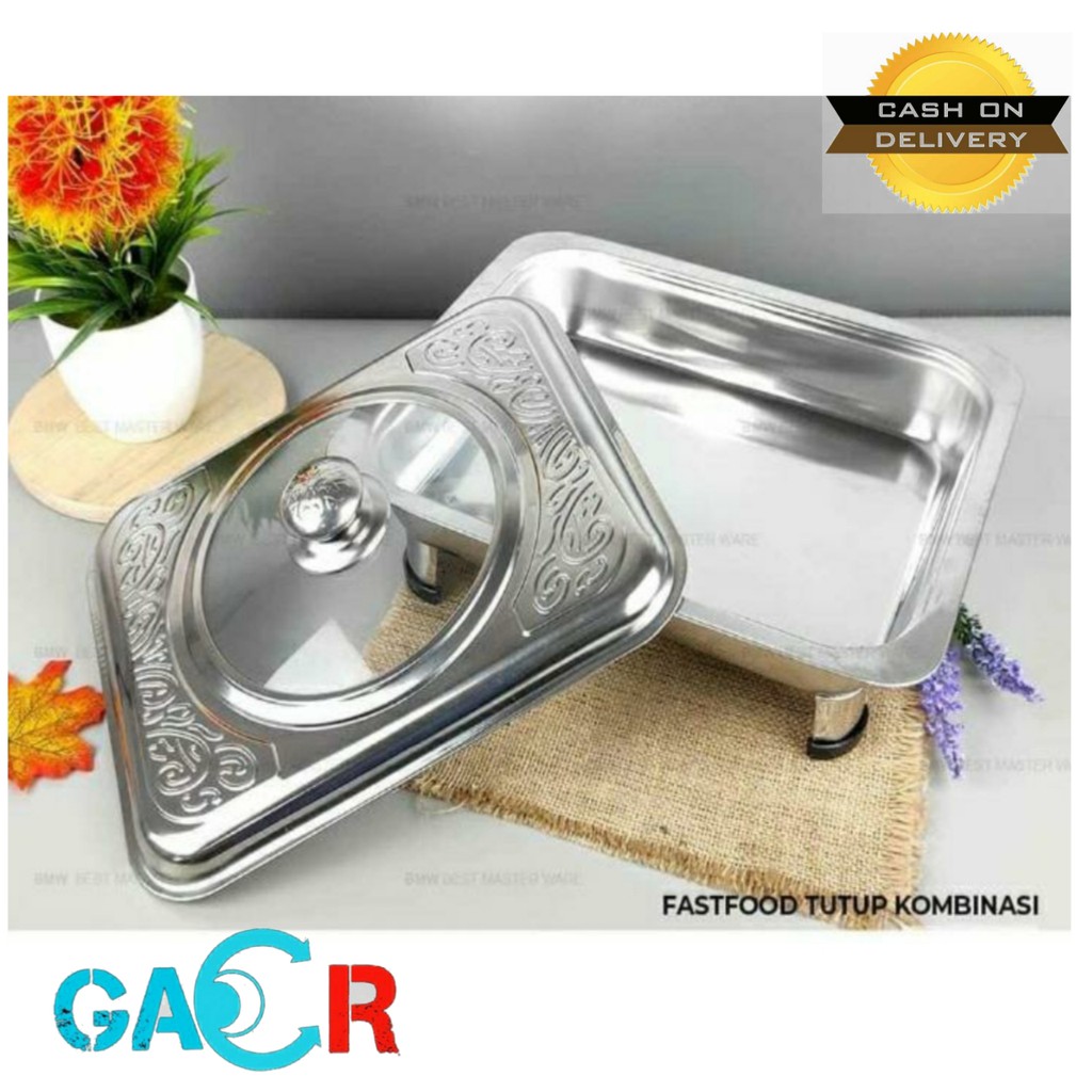 WADAH PRASMANAN KOMBINASI TUTUP KACA STAINLESS / KOTAK FAST FOOD DISH / WADAH SAJI FREE PACKING BUBB
