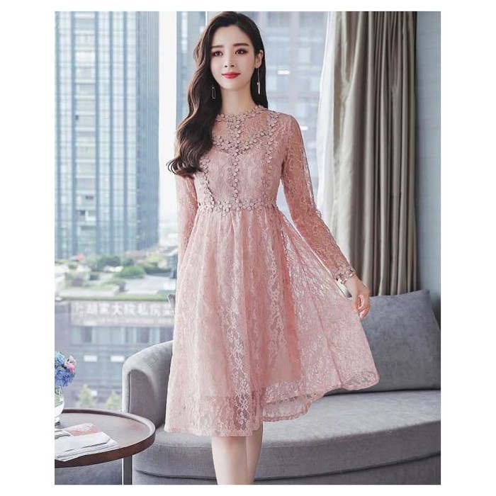 Dress midi dress brukat wanita import gaun cewek pink