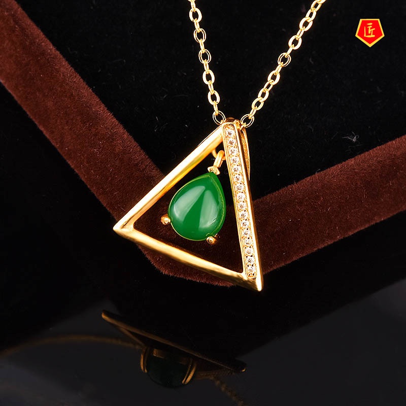 [Ready Stock]Hotian Jade Pendant S925 Silver Triangle Gold Necklace Elegant Graceful