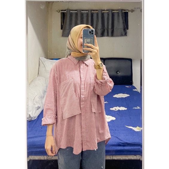 Jual Casha Zec Ootd Kemeja Viya Laika Stripe Oversize Pocket Shirt