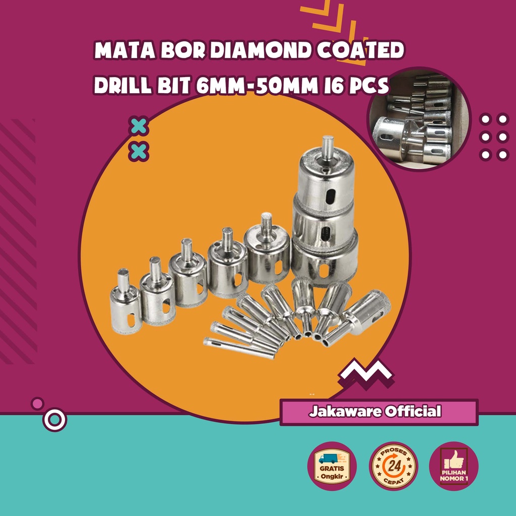 MATA BOR DIAMOND COATED HOLE DRILL BIT 6MM-50MM 16 PCS KAYU ALAT PELUBANG SET BESI LUBANG PENDEK MIN