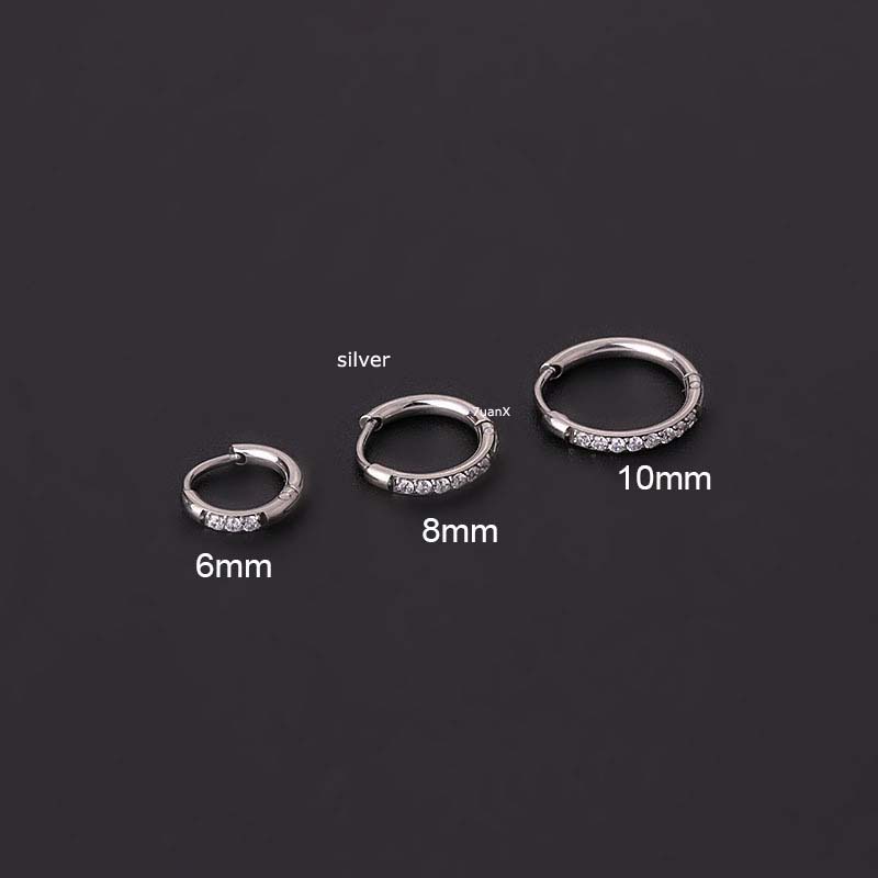 1pc Anting Hoop Bahan Stainless Steel Dengan Zircon Ukuran 6 / 8 / 10mm