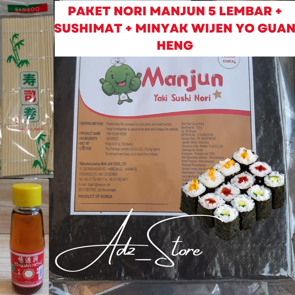 

Promo Combo Hemat [FREE MINYAK WIJEN] | PAKET NORI SUSHI RUMPUT LAUT MANJUN (5 LEMBAR) + SUSHI MAT + MINYAK WIJEN YO GUAN HENG