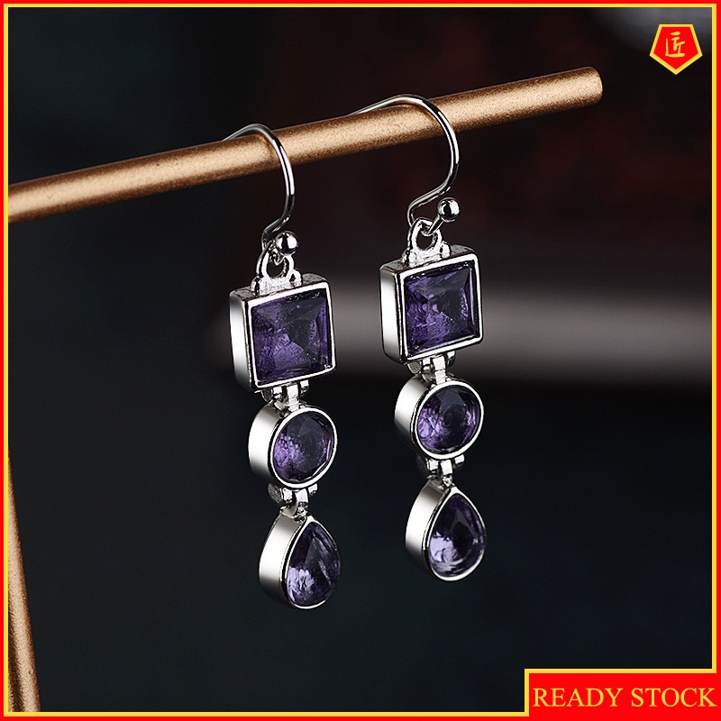 [Ready Stock]Charming Lavender Amethyst Rhinestone Earrings Retro Personality