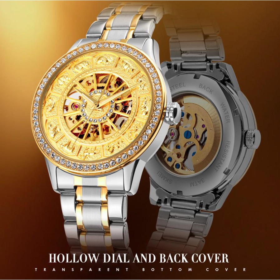 Jam SKMEI 9228 Diamond Luxury Automatic Watch Men Retro Hollow Mechanical Mens Watches Luminous