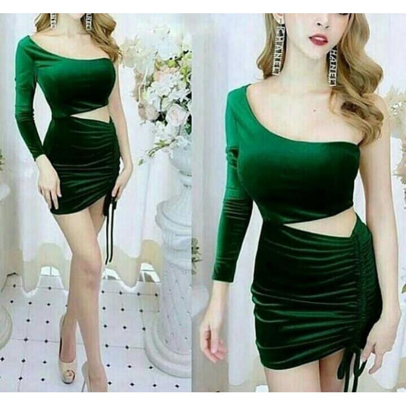 PAKAIAN WANITA DRESS ONE SHOULDER DRESS HIJAU