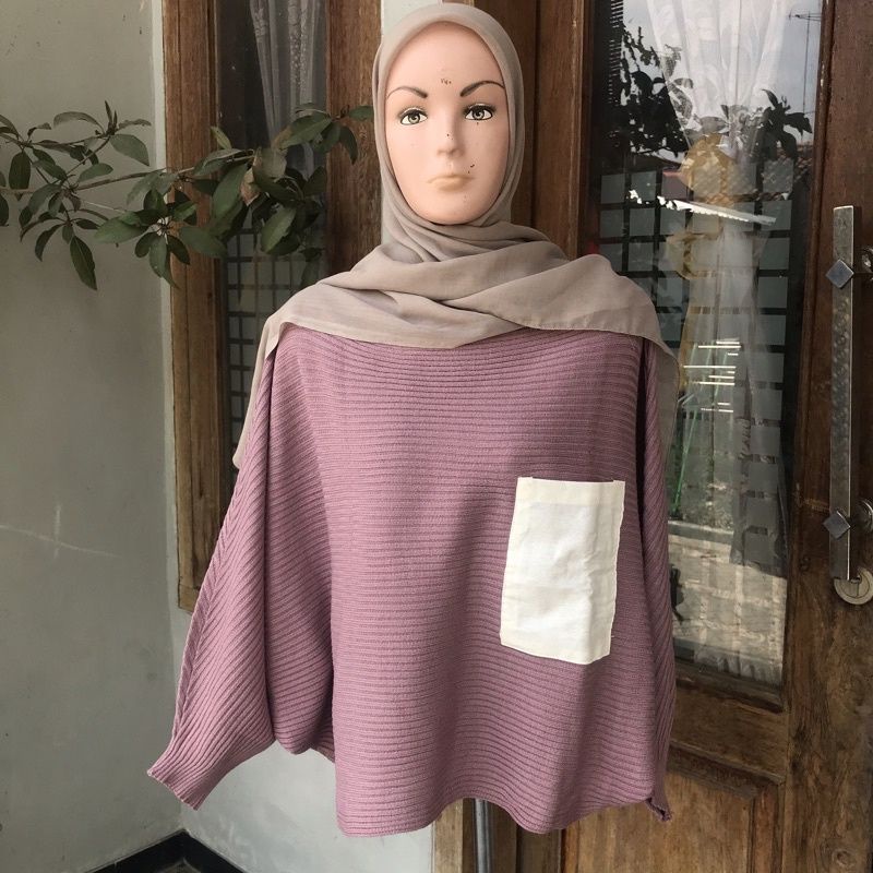 LEXA BATWING | BAJU SWEATER RAJUT | , ATASAN WANITA | BAJU RAJUT SAKU, BATWING SAKU-Nila