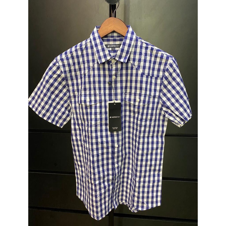 NEW Kemeja Pria Hangten Biru Kotak Size M Hang ten Atasan Pria