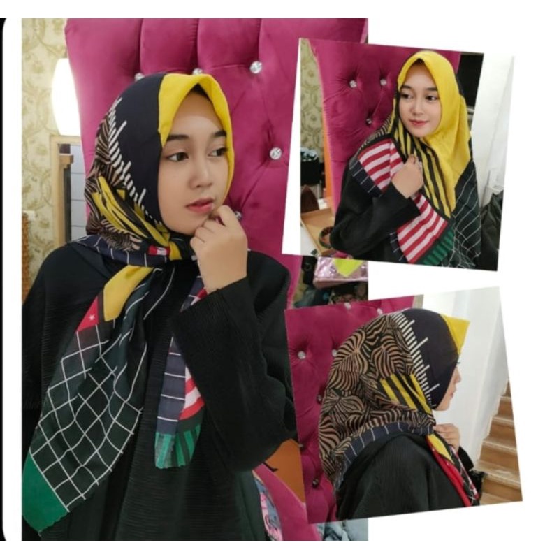 HIJAB SEGI EMPAT VOAL MOTIF HITAM KUNING MERAH KERUDUNG JILBAB MURAH