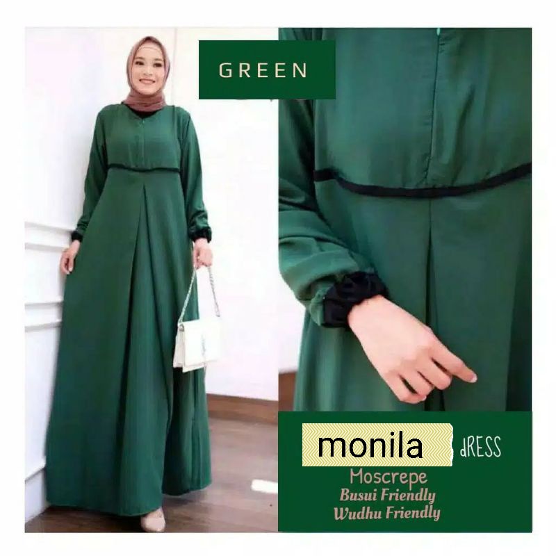 Monila - Bisa COD Dress Baju Gamis Kondangan Wanita Muslim Busui Simple Warna Polos Hijau Botol Ijo 