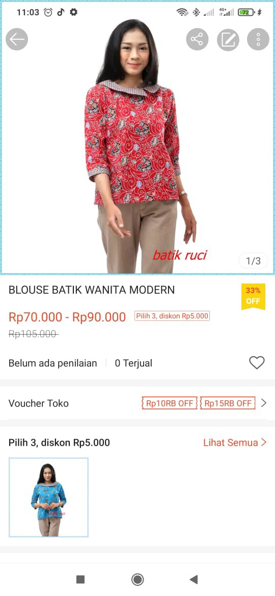 Batik Wanita Blouse Atasan Berkerah Besar  Warna Merah Size  S-m-l-xl-xxl-3l-4l-5l