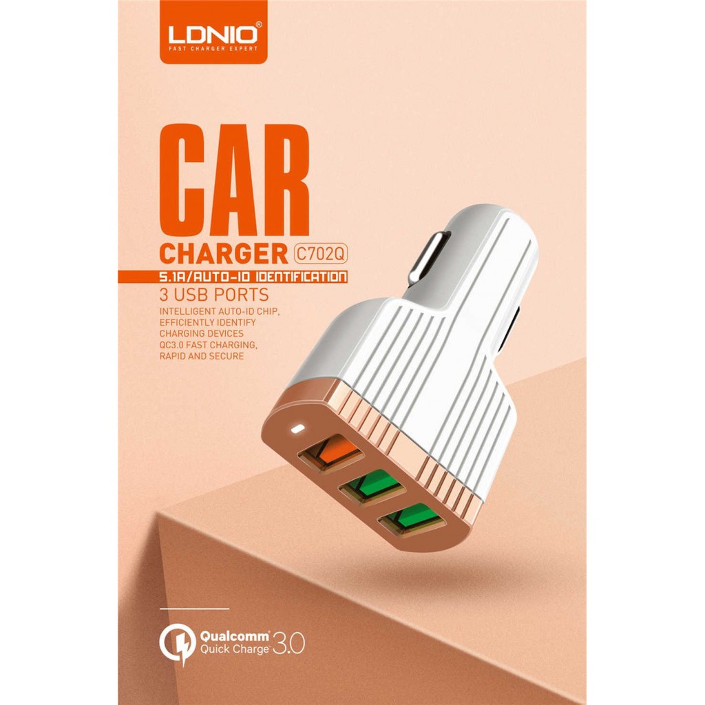 LDNIO C702Q - Fast Charging Car Charger 3 USB 5.1A QC3.0 and Auto-ID