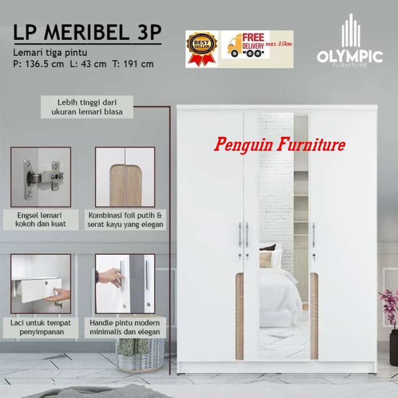 OLYMPIC MARIBEL Lemari Pakaian 3 Pintu Premium - OLYMPLAST
