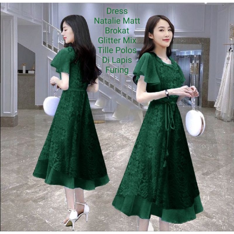 Dress Wanita Midi Model Terbaru Matt Brokat/Dress Natalie Size L-XL-XXL Dress Pesta Dan Acara Natalan Wanita Kekinian Viral