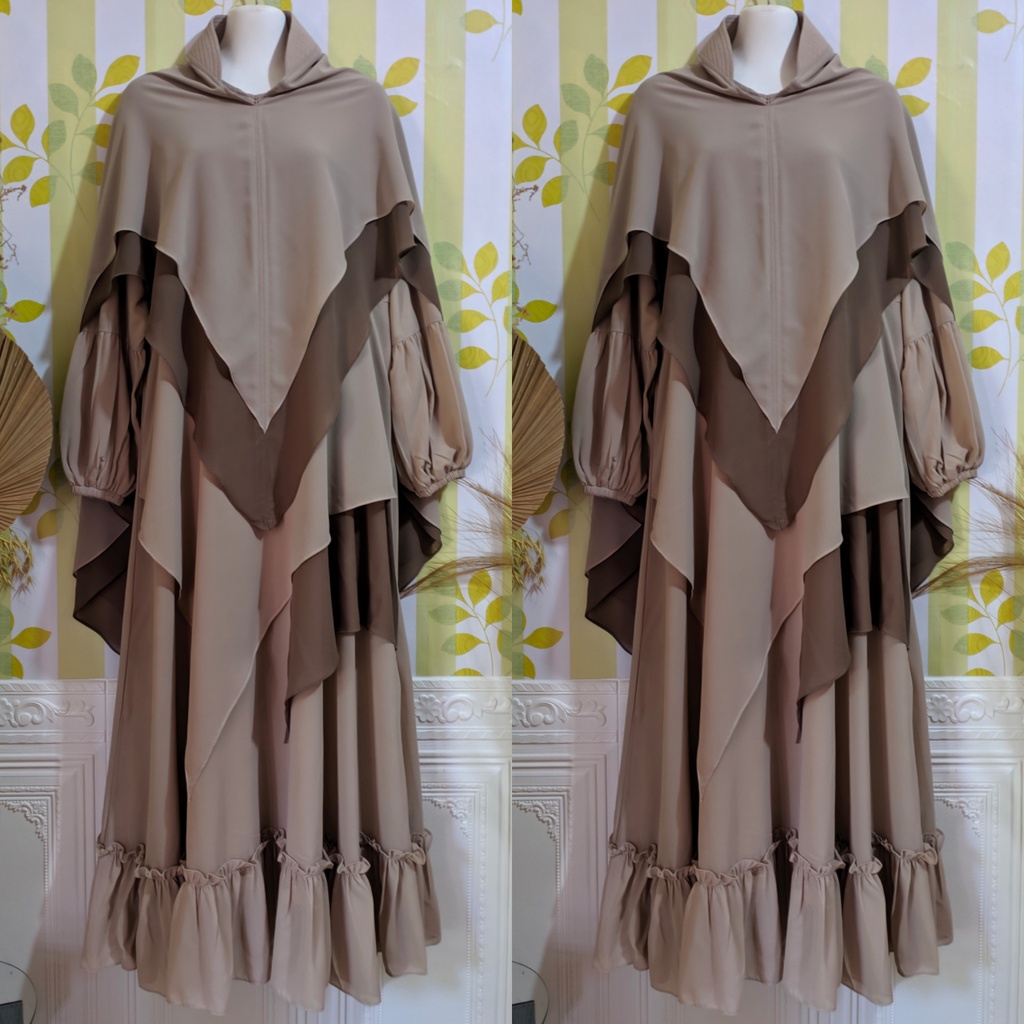 Gamis syari ceruty set khimar Gamis wanita remaja ibu ibu jumbo mewah Gamis terbaru kekinian-Coksu mix coklat