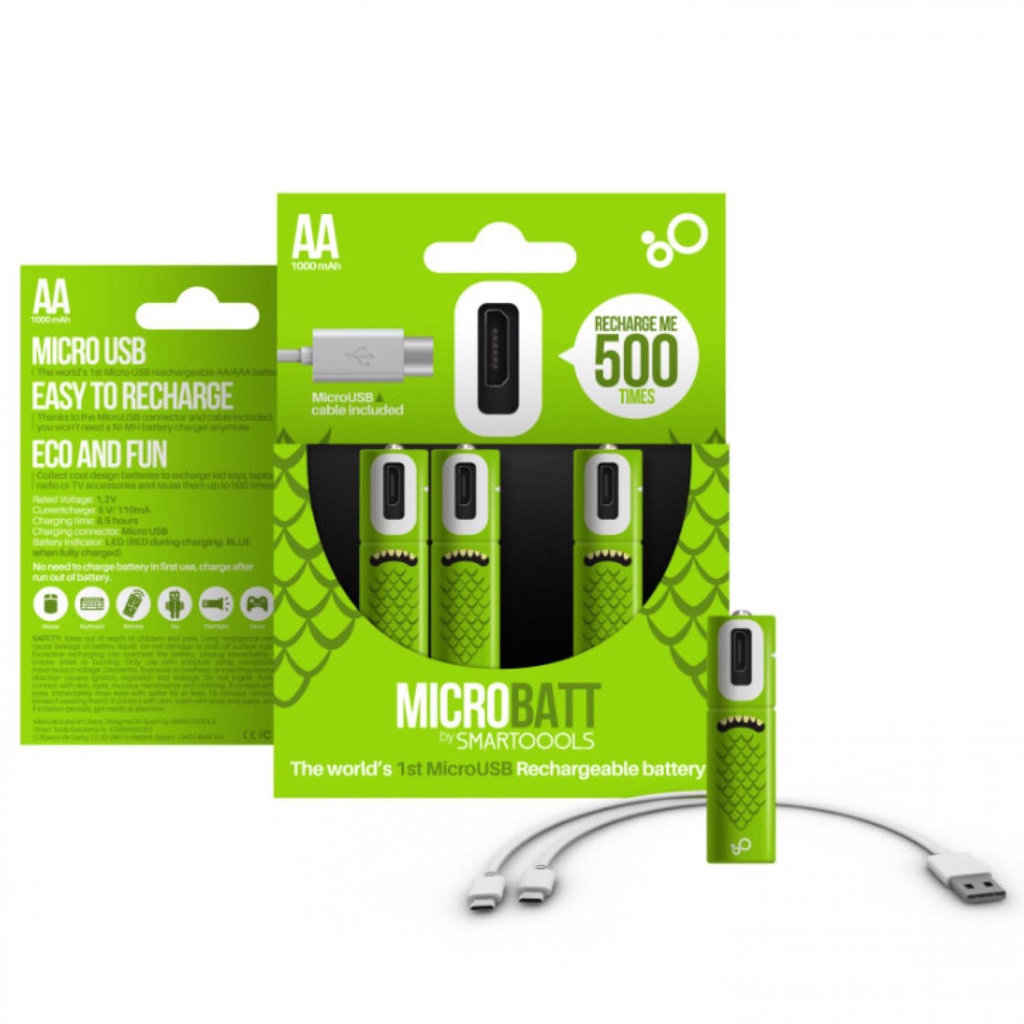 MICROBATT Baterai Cas Rechargeable Micro USB 2PCS-Hijau-Tipe Baterai-AA - 1000mah