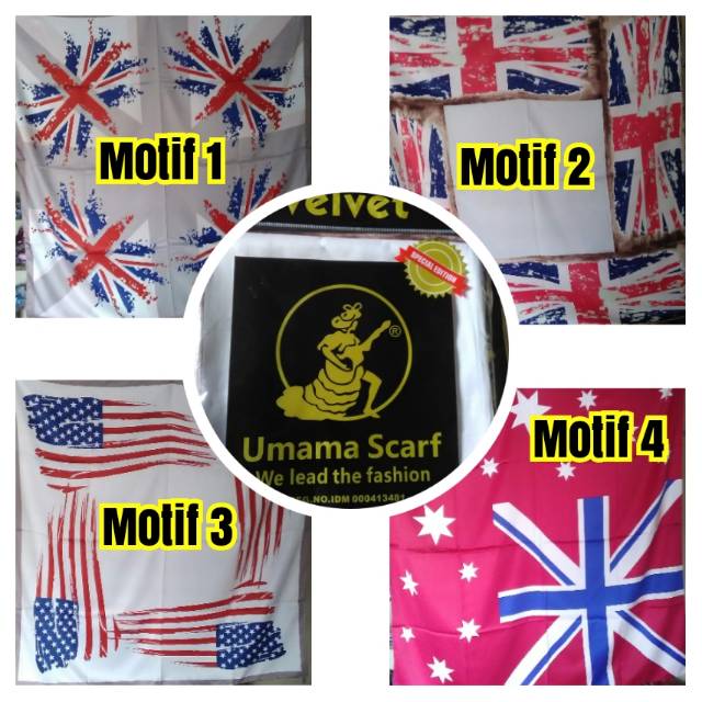 Jilbab segi empat satin velvet motif bendera hijab saudia umama grosir agen murah surabaya
