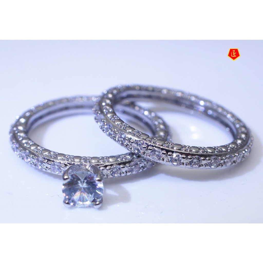 [Ready Stock]S925 Silver Full Diamond round Moissanite Ring Set Female