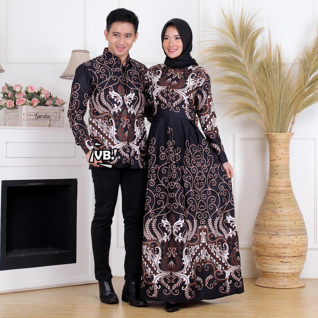 gamis dan kemeja lengan panjang Sania Ruffle Batik Couple ori Ndoro jowi / gamis batik couple murah-mahkota putih
