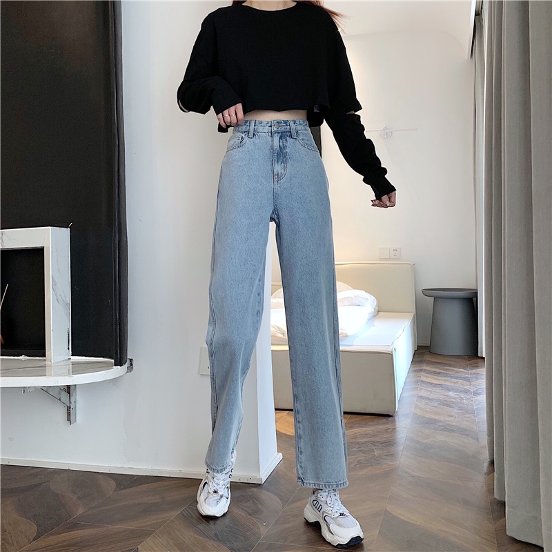 yikoo-Celana Panjang Model High Waist Bahan Jeans Split Garpu Untuk Wanita Pants
