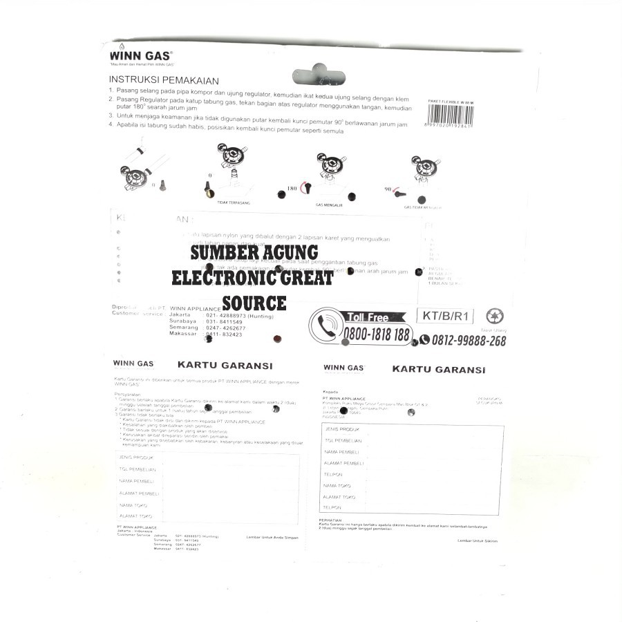 Winn Gas Regulator Selang Paket Meter W88 SNI KAN 1.8M Aman Mudah Dipa